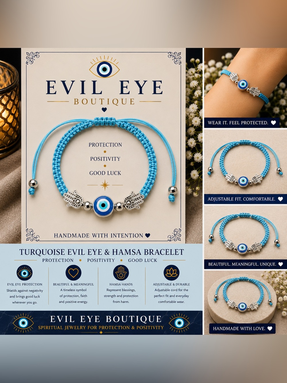 🧿🪬Turquoise Evil Eye & Hamsa Bracelet🧿🪬